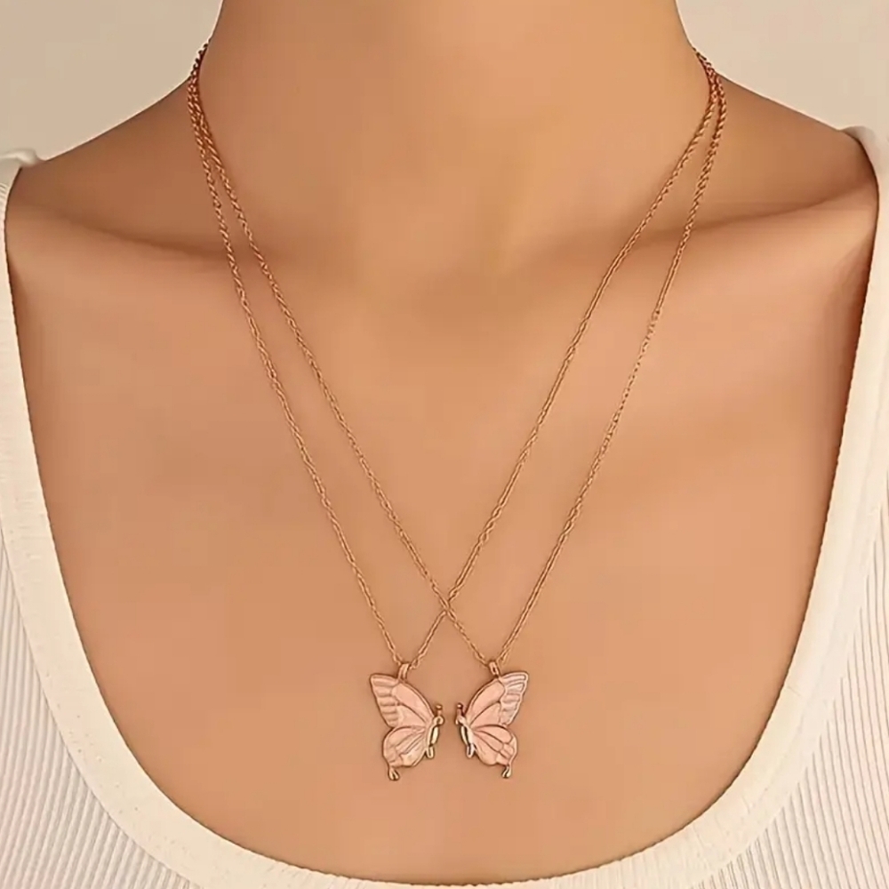 2pcs Butterfly Pendant Necklace Chain Double Layered Cross Necklace Set BFF Gift